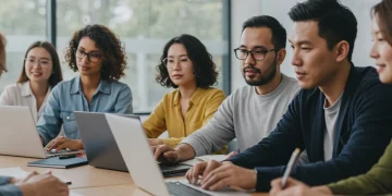 Adults engaged in a modern classroom setting for workforce development