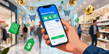 Smartphone displaying a reward program app in 2026, with cashback and shopping icons.