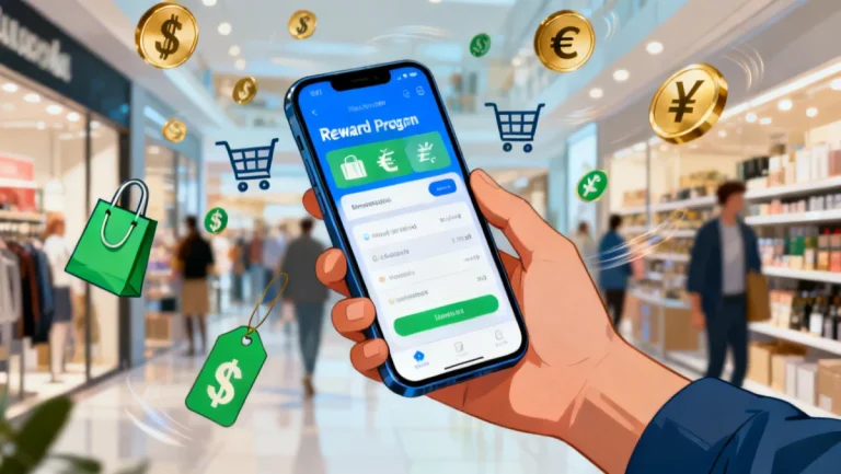 Smartphone displaying a reward program app in 2026, with cashback and shopping icons.