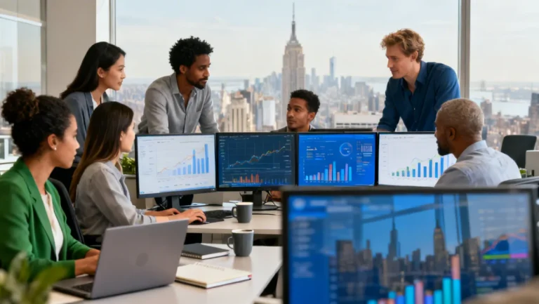 Professionals analyzing business data on screens in a modern US office