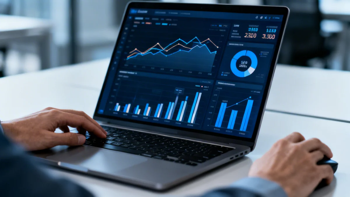 Laptop screen showing a complex business analytics data dashboard