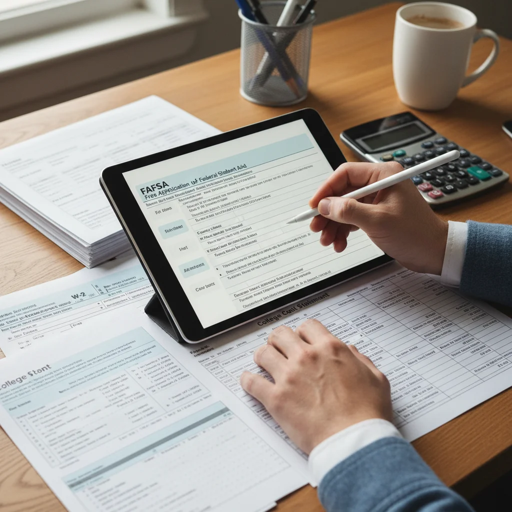 Hand filling out FAFSA form on tablet, calculating financial aid