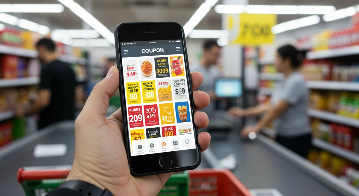 Smartphone displaying a digital coupon app at a supermarket checkout