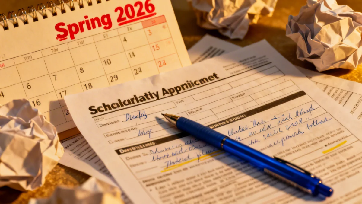 Calendar with Spring 2026 highlighted next to scholarship applications.