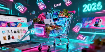 2026 Online Shopping Playbook: 8 Tactics for 20% Savings Futuristic shopping cart with glowing digital interfaces representing 2026 online shopping savings