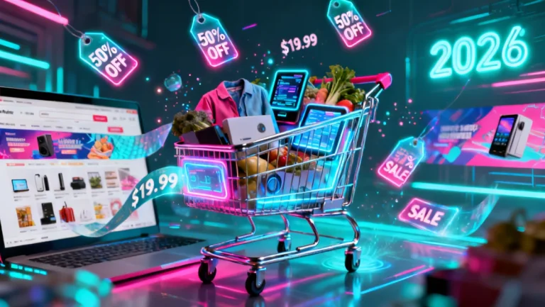 Futuristic shopping cart with glowing digital interfaces representing 2026 online shopping savings