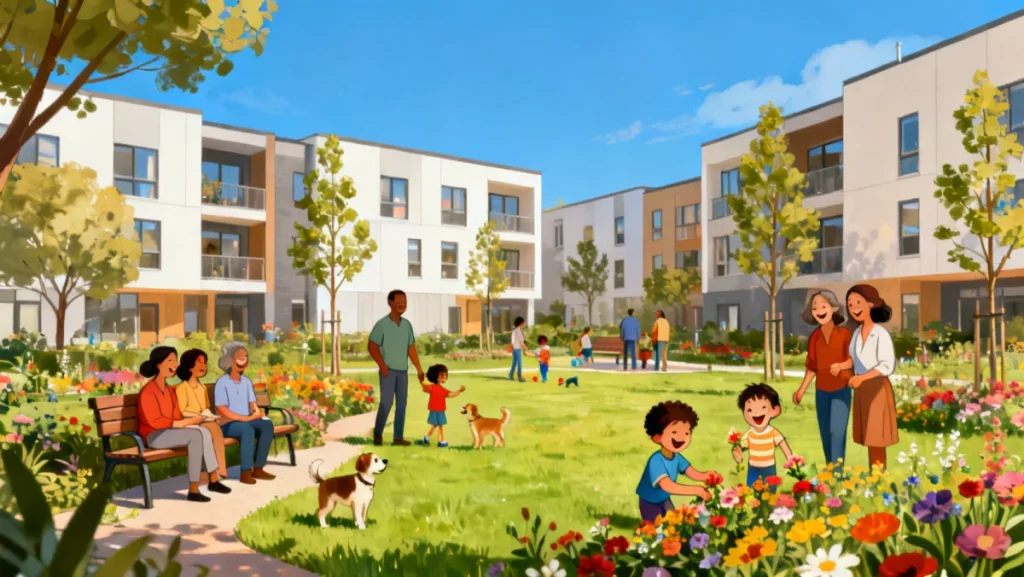 Modern public housing complex with diverse families enjoying a community garden, symbolizing accessible and inviting affordable housing.
