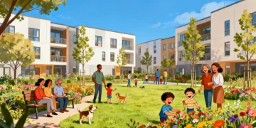 Modern public housing complex with diverse families enjoying a community garden, symbolizing accessible and inviting affordable housing.