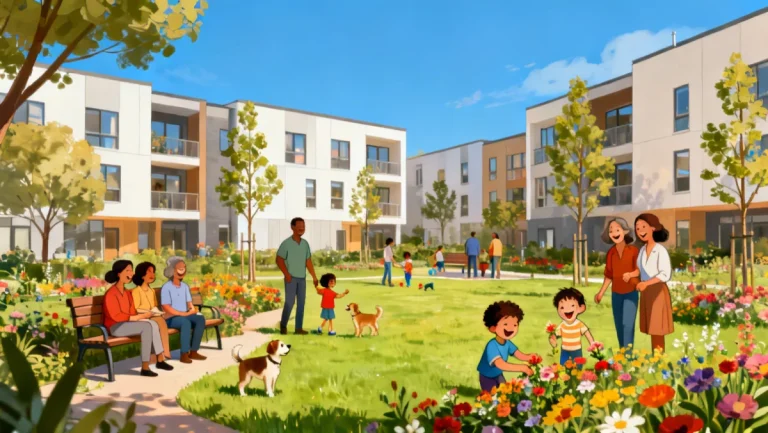 Modern public housing complex with diverse families enjoying a community garden, symbolizing accessible and inviting affordable housing.