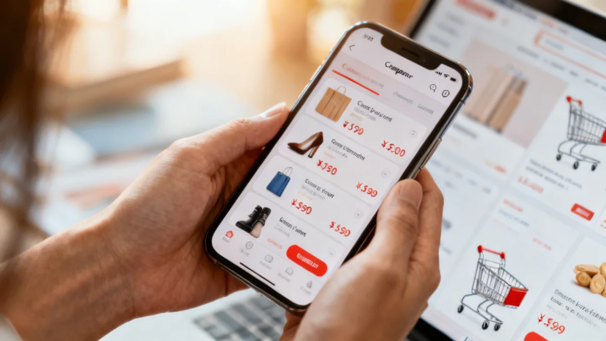 Person using a smartphone for comparison shopping and applying discount codes for savings