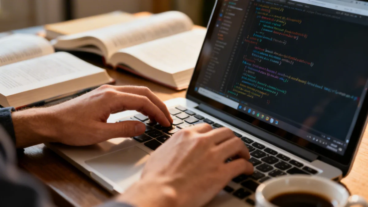 Hands typing on laptop, studying for a certification exam