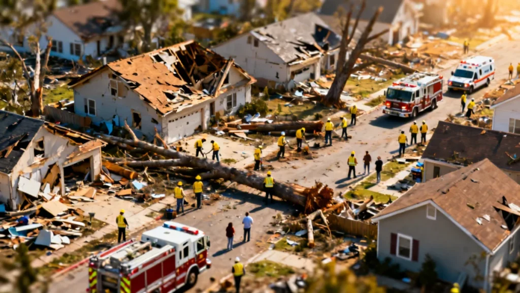 Devastated neighborhood with emergency response after natural disaster, highlighting federal aid need