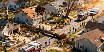 Devastated neighborhood with emergency response after natural disaster, highlighting federal aid need