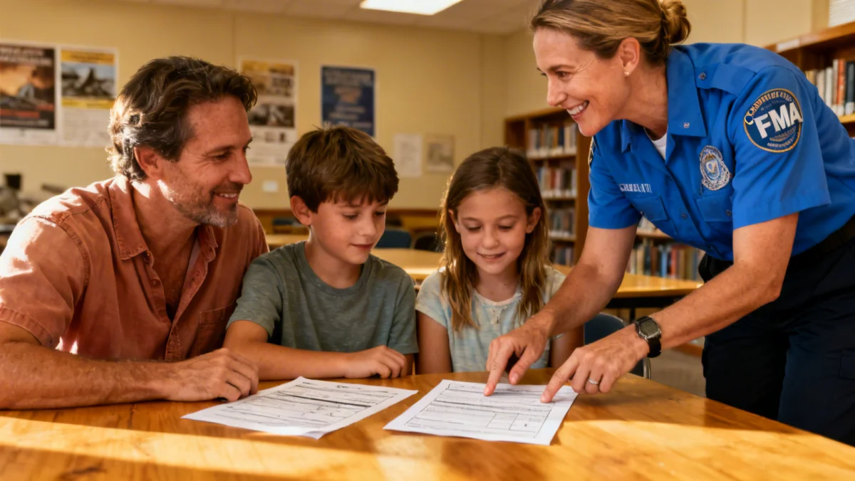 Family reviewing disaster assistance application forms with FEMA representative