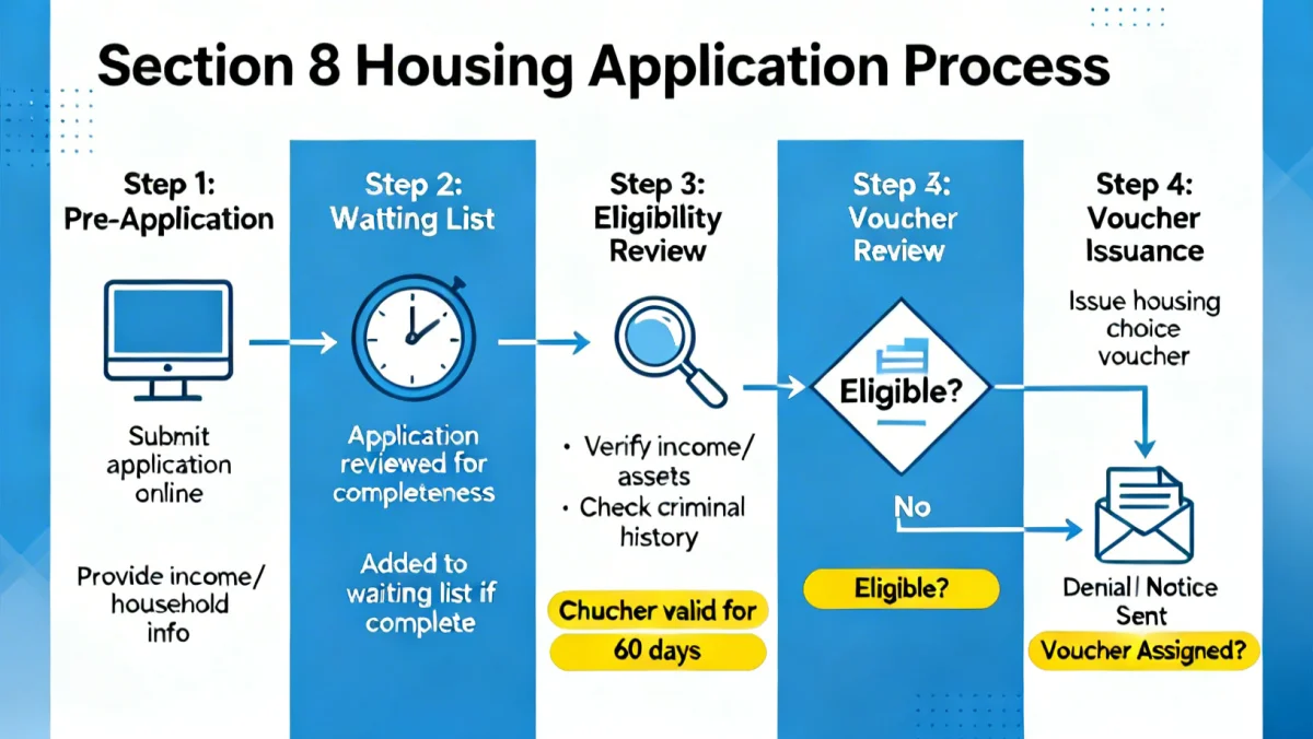 Infographic illustrating the Section 8 housing voucher application process, from pre-application to voucher issuance.