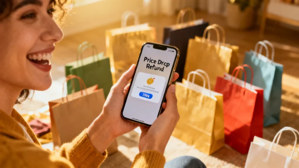 Happy shopper receiving price drop refund notification on smartphone