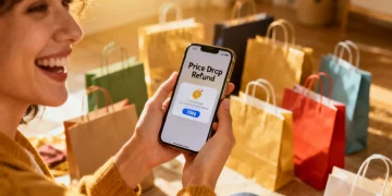 Happy shopper receiving price drop refund notification on smartphone