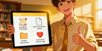 Student confidently presenting a digital scholarship portfolio, highlighting diverse achievements and skills.