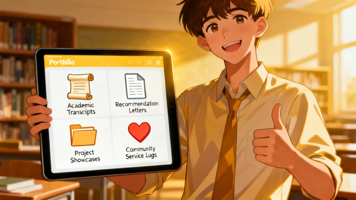 Student confidently presenting a digital scholarship portfolio, highlighting diverse achievements and skills.