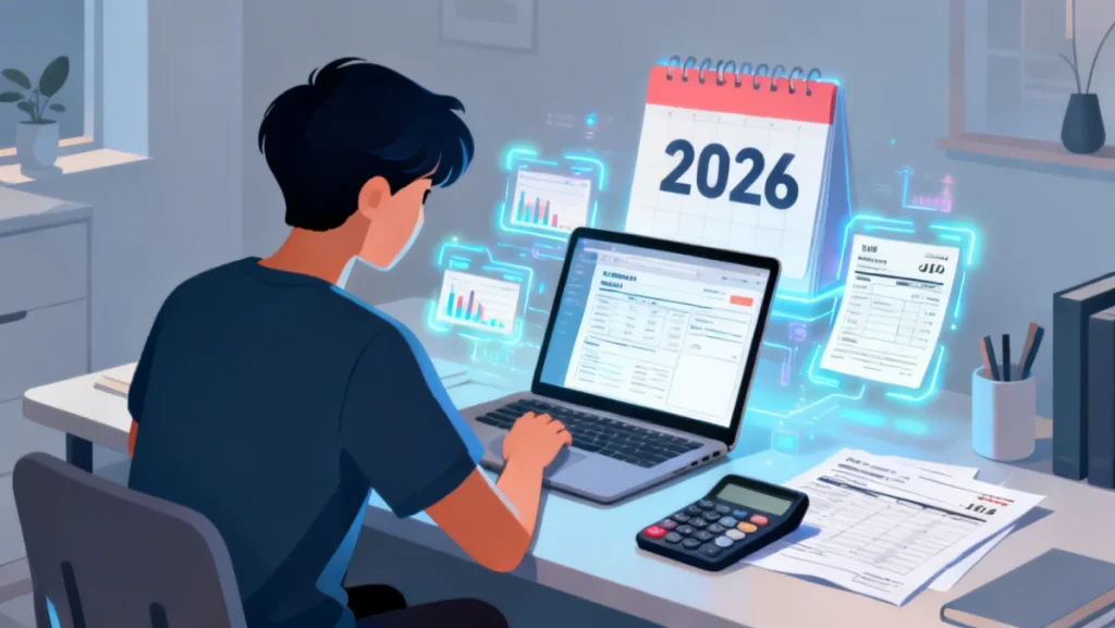 Student reviews scholarship tax documents on laptop for 2026