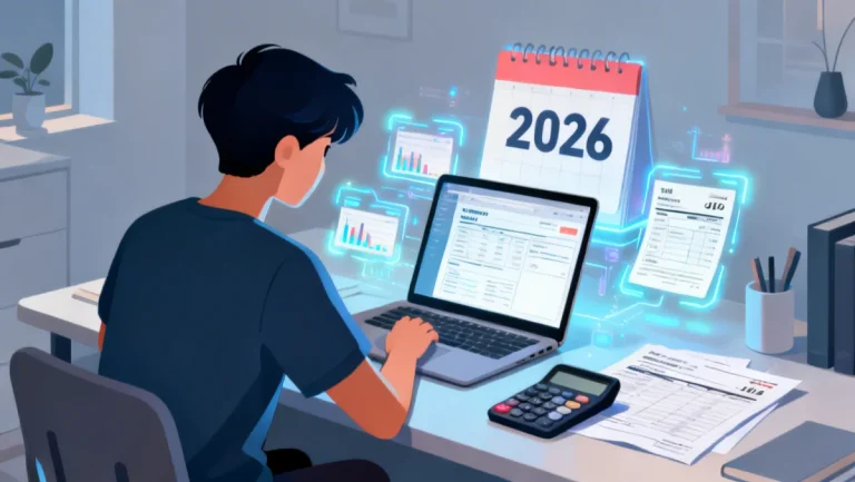 Student reviews scholarship tax documents on laptop for 2026