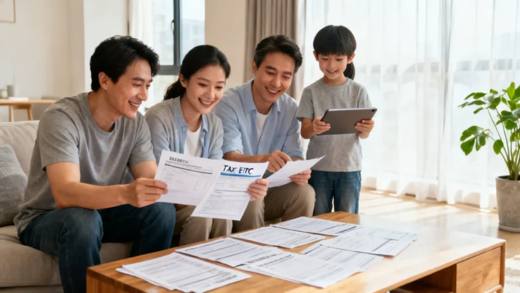 Smiling family reviewing tax documents, symbolizing EITC benefits.