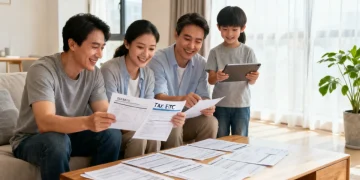 Smiling family reviewing tax documents, symbolizing EITC benefits.