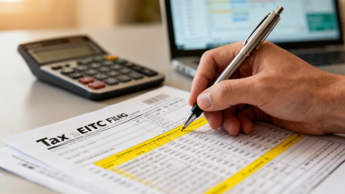 Hand filling out tax forms for EITC application.