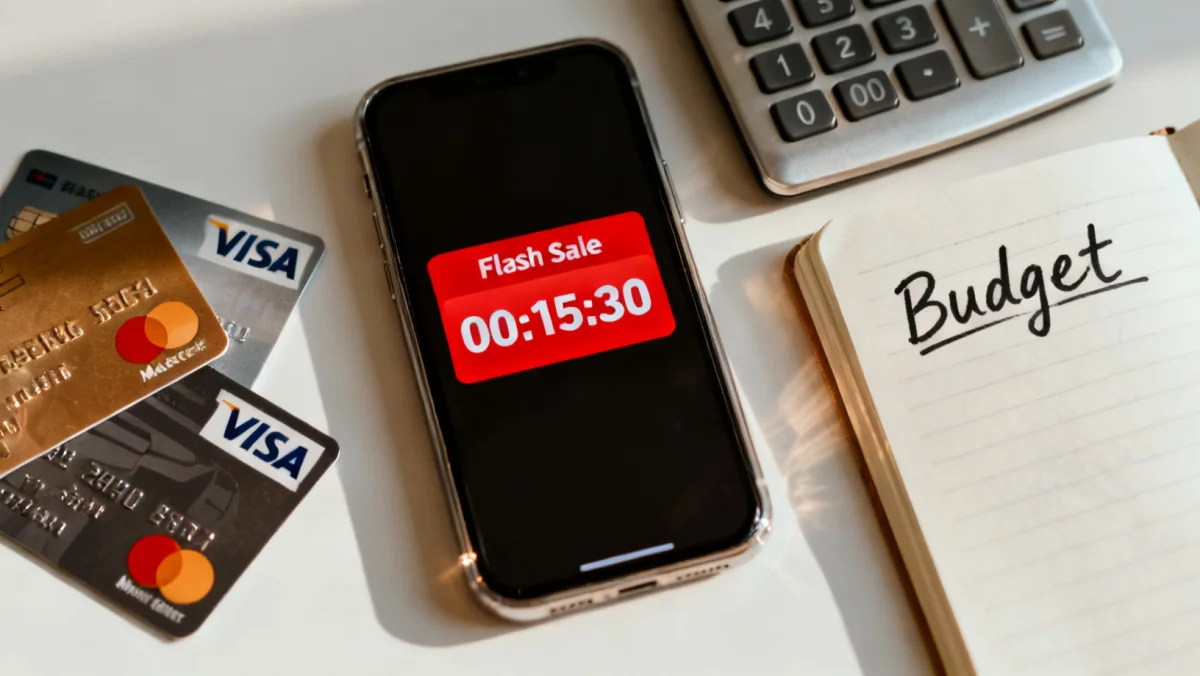 Smartphone showing flash sale countdown with budgeting tools
