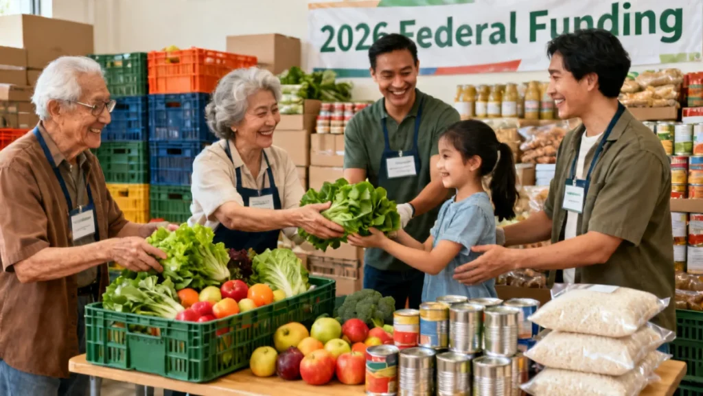 Volunteers distributing food at a community food bank, symbolizing federal assistance in 2026.