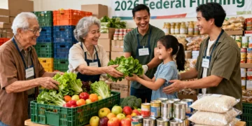 Volunteers distributing food at a community food bank, symbolizing federal assistance in 2026.