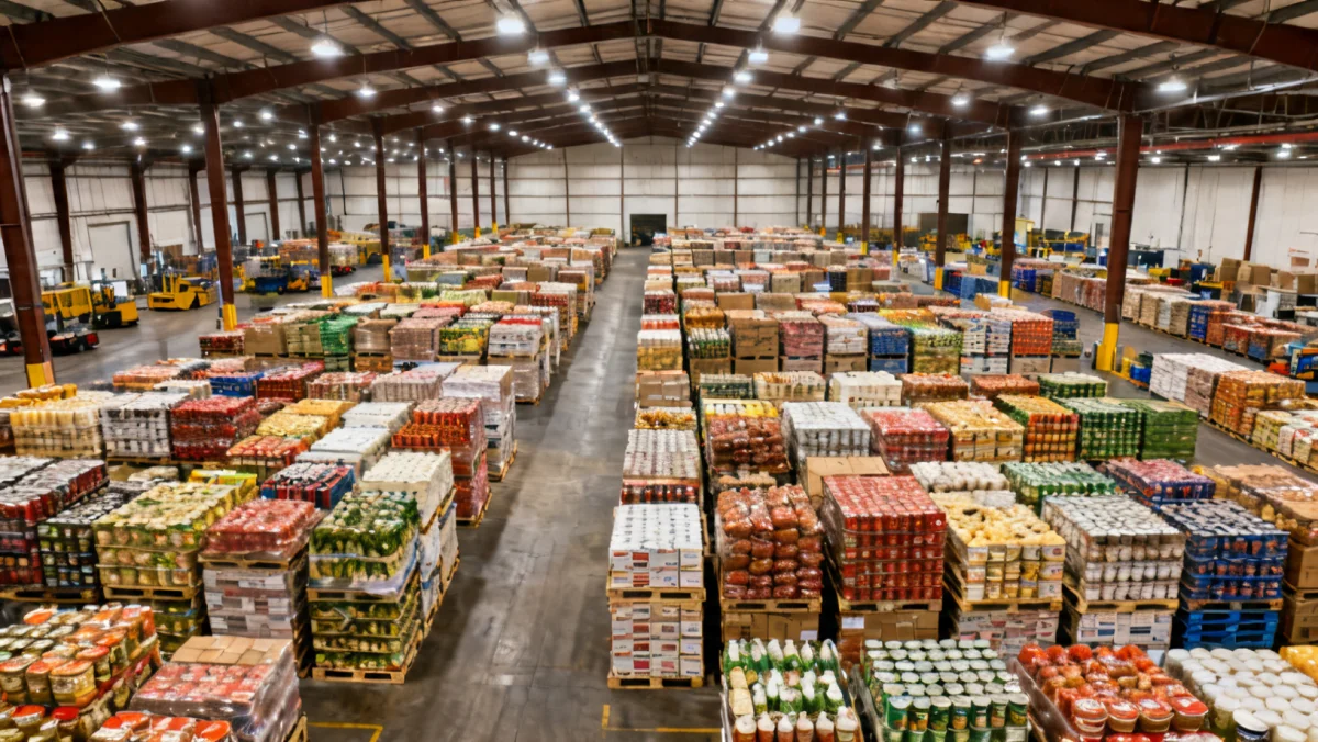 Large food warehouse with pallets of food, depicting efficient supply chain for federal aid.