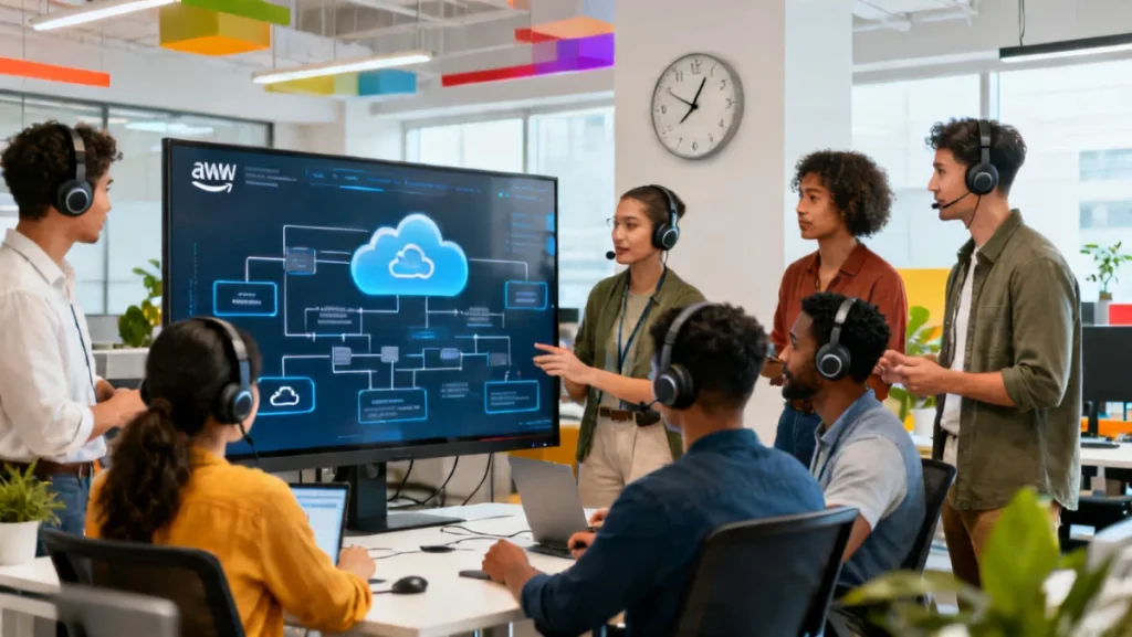 Professionals collaborating on AWS cloud diagrams, symbolizing free AWS certification opportunity.