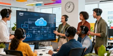 Professionals collaborating on AWS cloud diagrams, symbolizing free AWS certification opportunity.