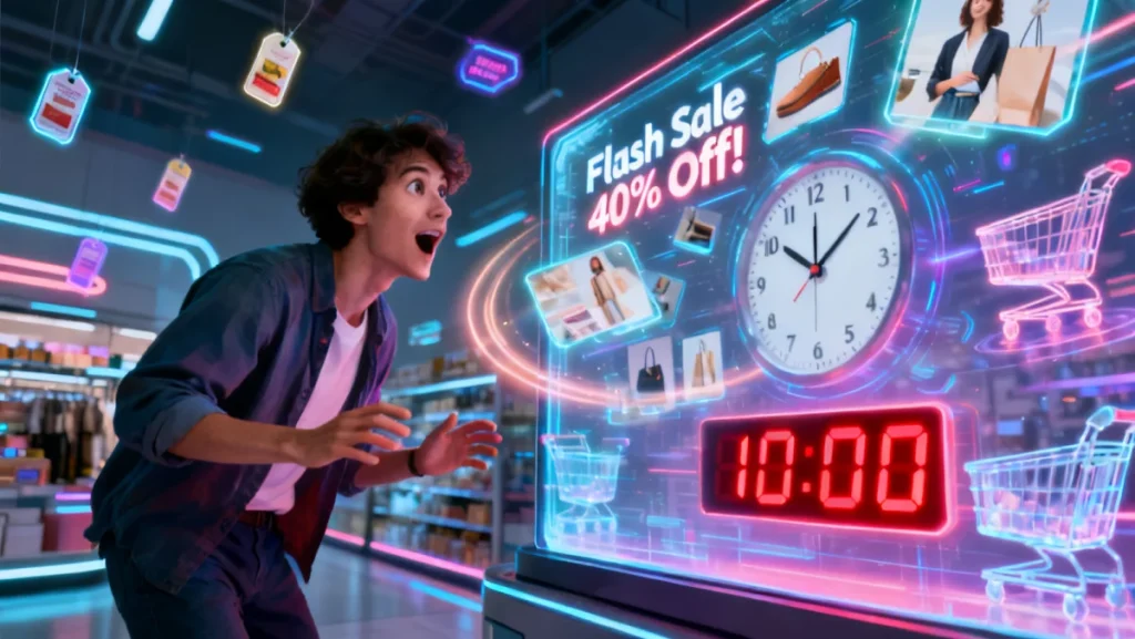 Futuristic shopper analyzing 2026 flash sale deals on a transparent screen