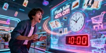 Futuristic shopper analyzing 2026 flash sale deals on a transparent screen