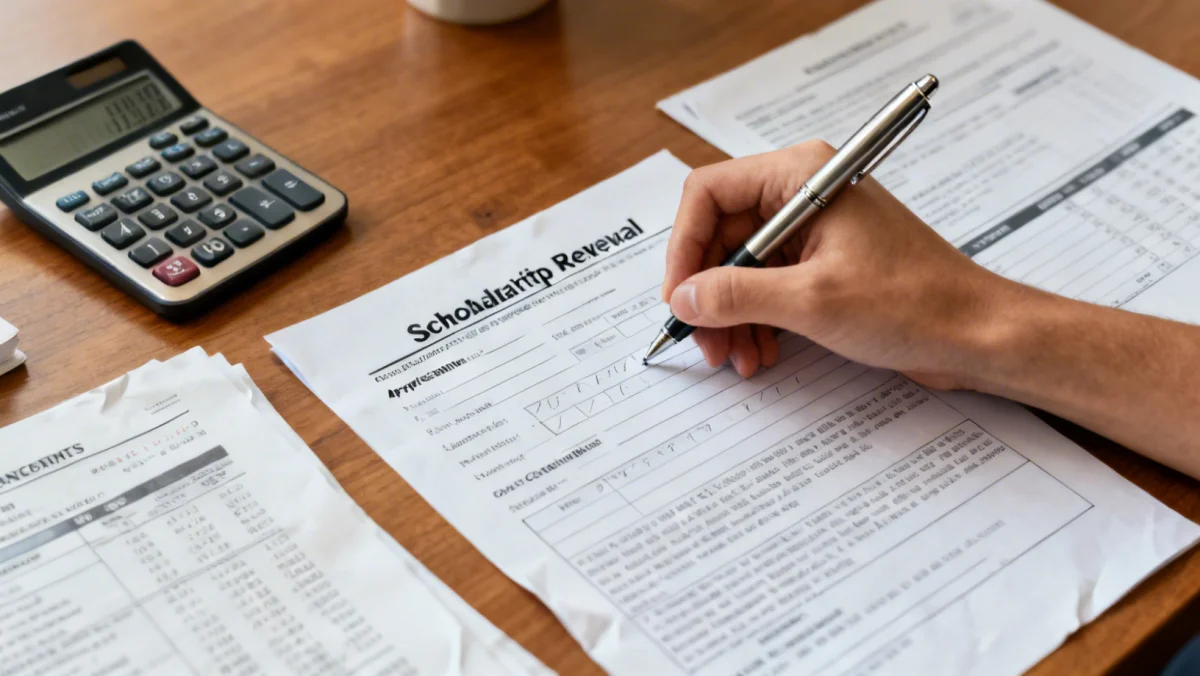 Student meticulously completing a scholarship renewal application form