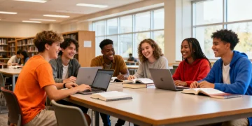 Students celebrating successful scholarship renewal in a university library