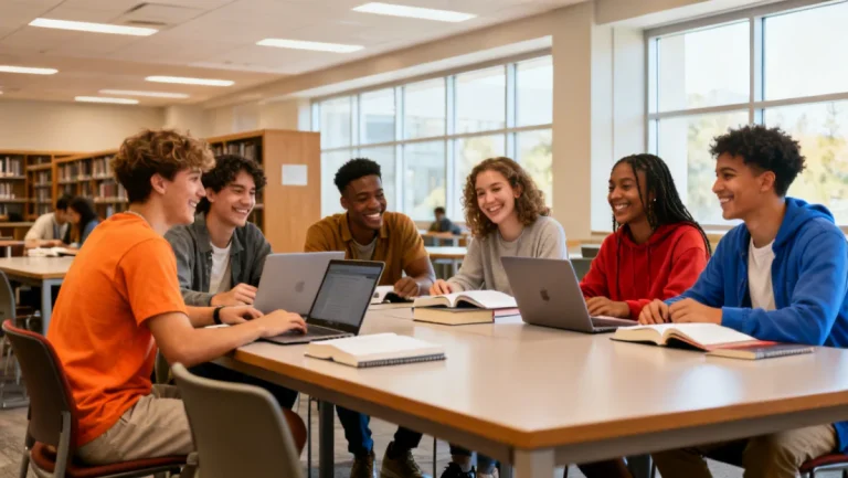 Students celebrating successful scholarship renewal in a university library