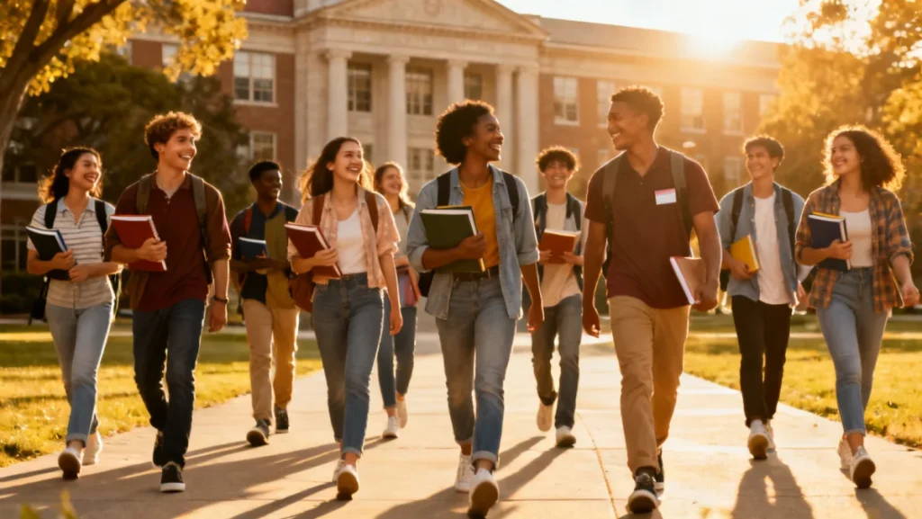 Diverse US students walking on campus, symbolizing academic aspirations and scholarship pursuit.