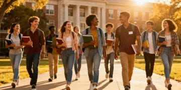 Diverse US students walking on campus, symbolizing academic aspirations and scholarship pursuit.