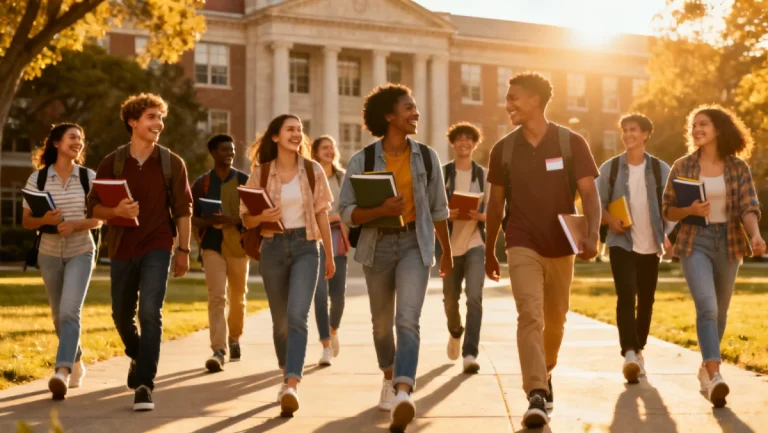 Diverse US students walking on campus, symbolizing academic aspirations and scholarship pursuit.