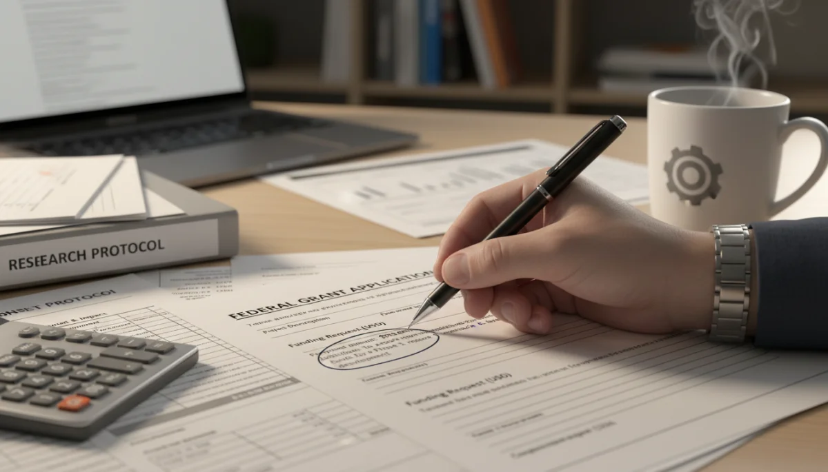 Detailed view of a hand completing a federal grant application form for 2026 funding