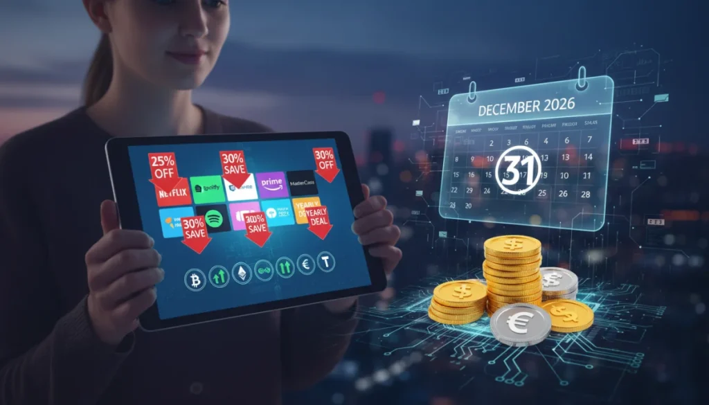 Tablet showing subscription discounts with 2026 calendar overlay