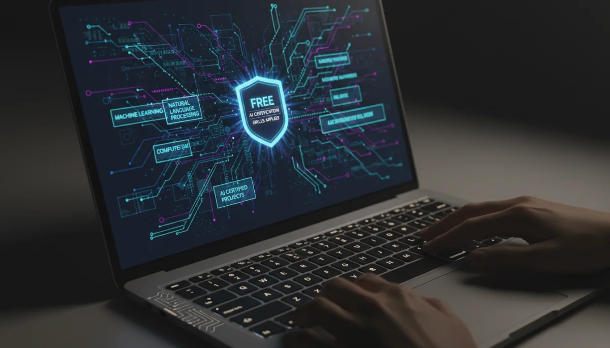 Laptop displaying AI data visualizations, symbolizing practical skills from free certifications