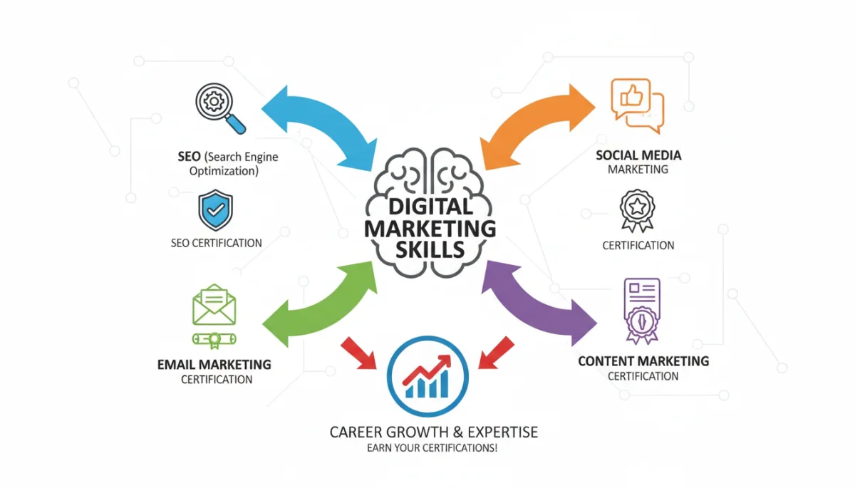 Infographic showing various digital marketing channels and certification opportunities