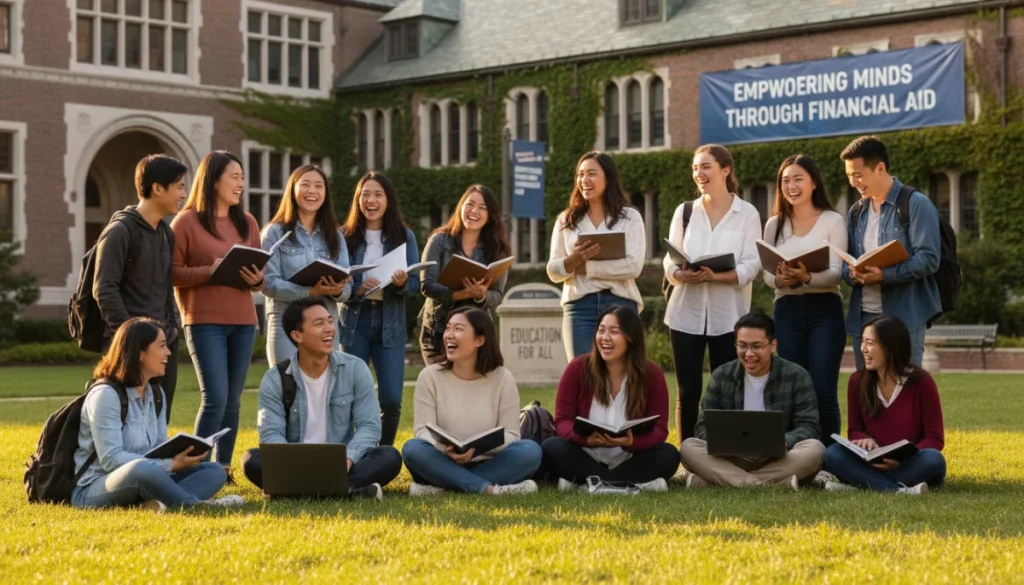Diverse students smiling on college campus, representing need-based scholarships