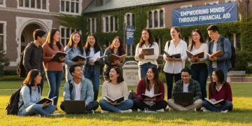 Diverse students smiling on college campus, representing need-based scholarships