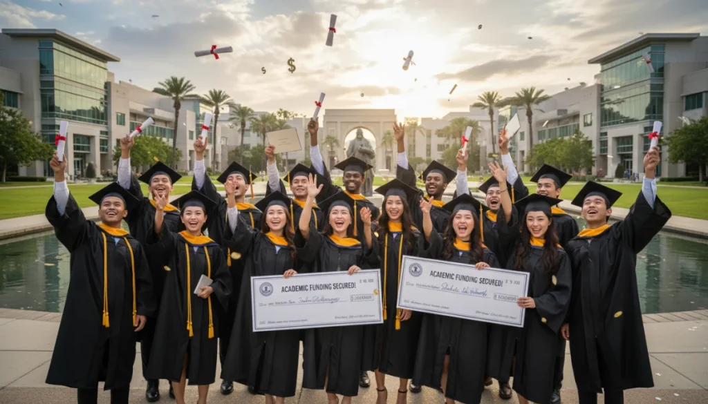 Graduating students celebrating with diplomas on a university campus