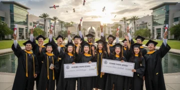 Graduating students celebrating with diplomas on a university campus